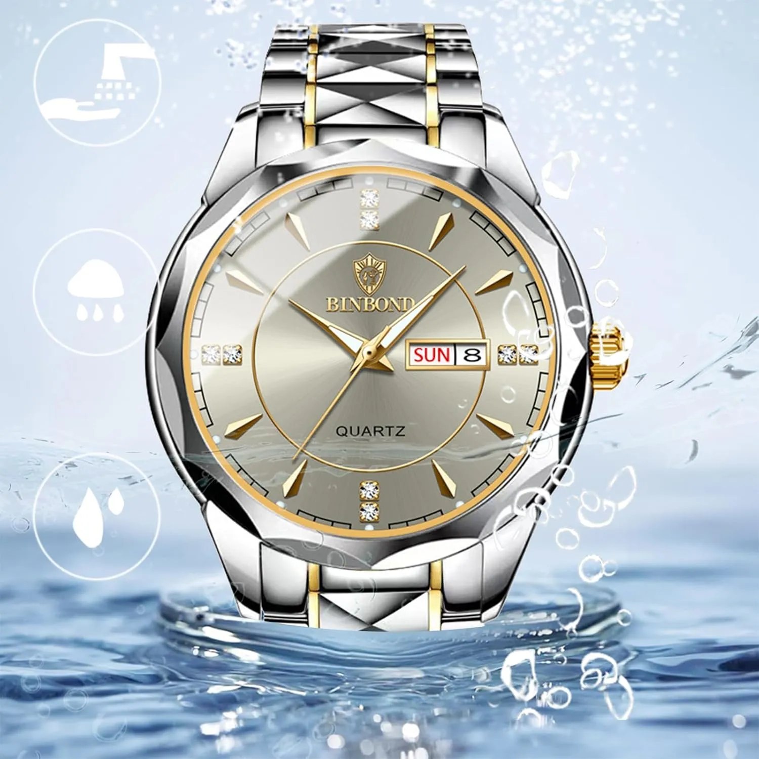 JewelryWe Business Analog Quartz Watches: Men Women Dress Waterproof Luminous Date Calendar Dial Stainless Steel Luxury Multifunctional Couple Wrist Watch