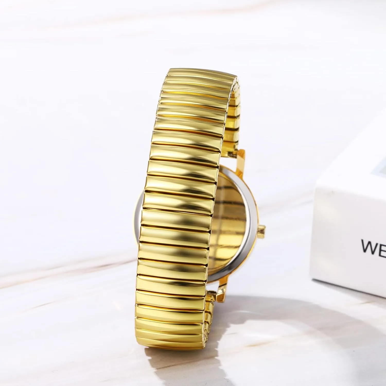 JewelryWe Men Women Elastic Watches: Round Analog Trump Dial Quartz Watch Gold Silver Plated Stretch Band Wristwatch