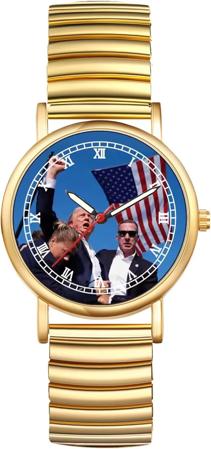 JewelryWe Men Women Elastic Watches: Round Analog Trump Dial Quartz Watch Gold Silver Plated Stretch Band Wristwatch