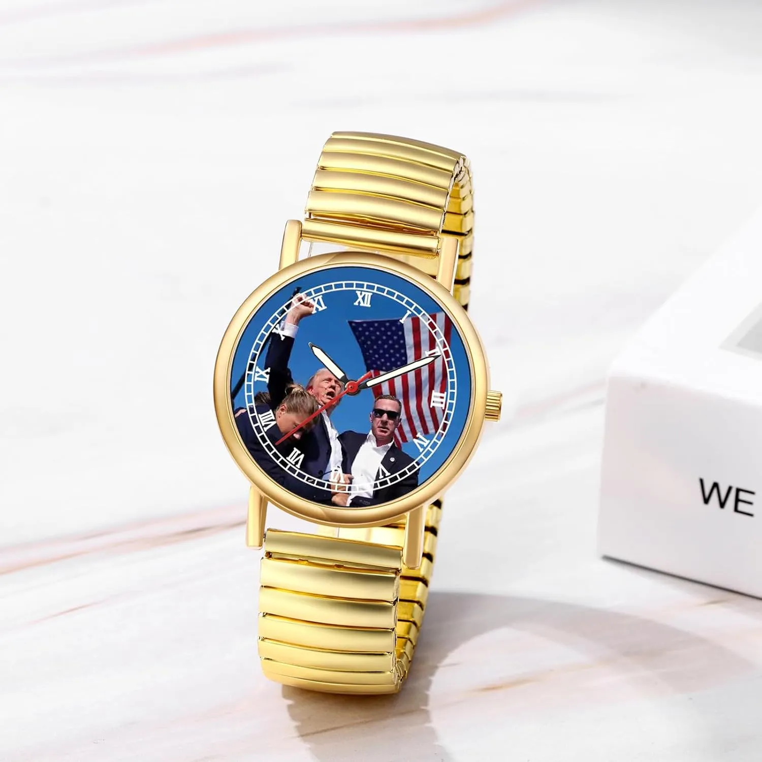 JewelryWe Men Women Elastic Watches: Round Analog Trump Dial Quartz Watch Gold Silver Plated Stretch Band Wristwatch