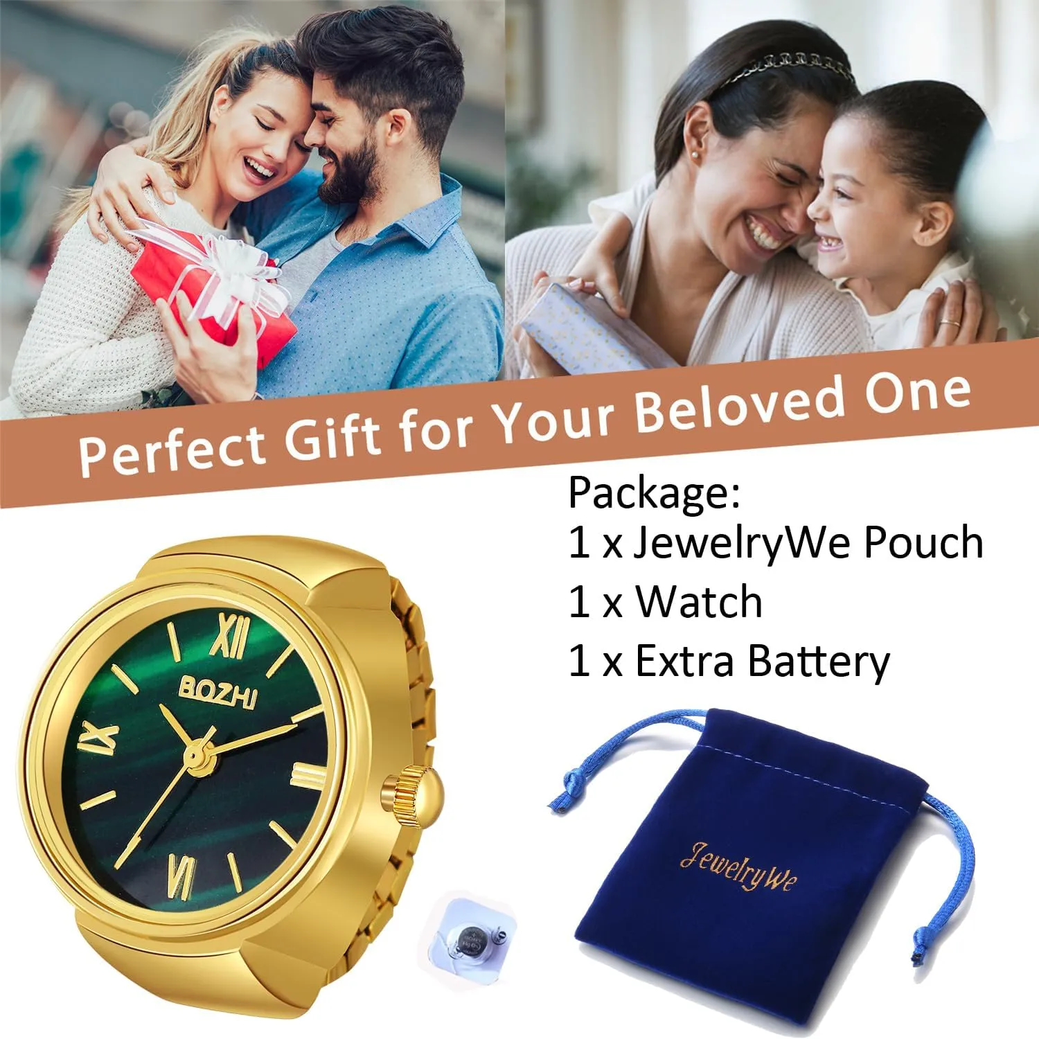 JewelryWe Men Women Finger Watch Stretchy Band Elastic Round Simple Dial Quartz Ring Watches