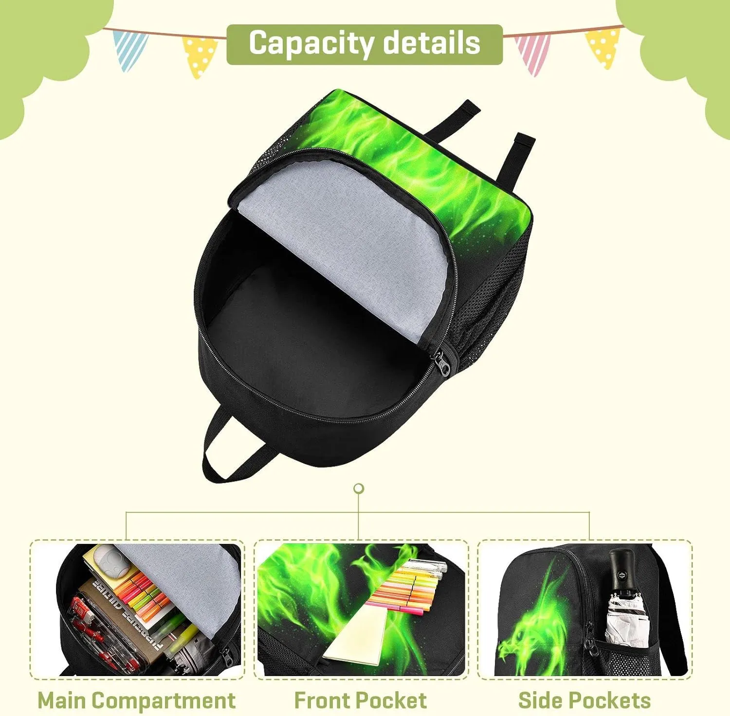 Kcldeci Kids Backpacks Green Fire Head Of Dragon Backpack for Boys Girls Elementary School Bags Bookbags For Teen