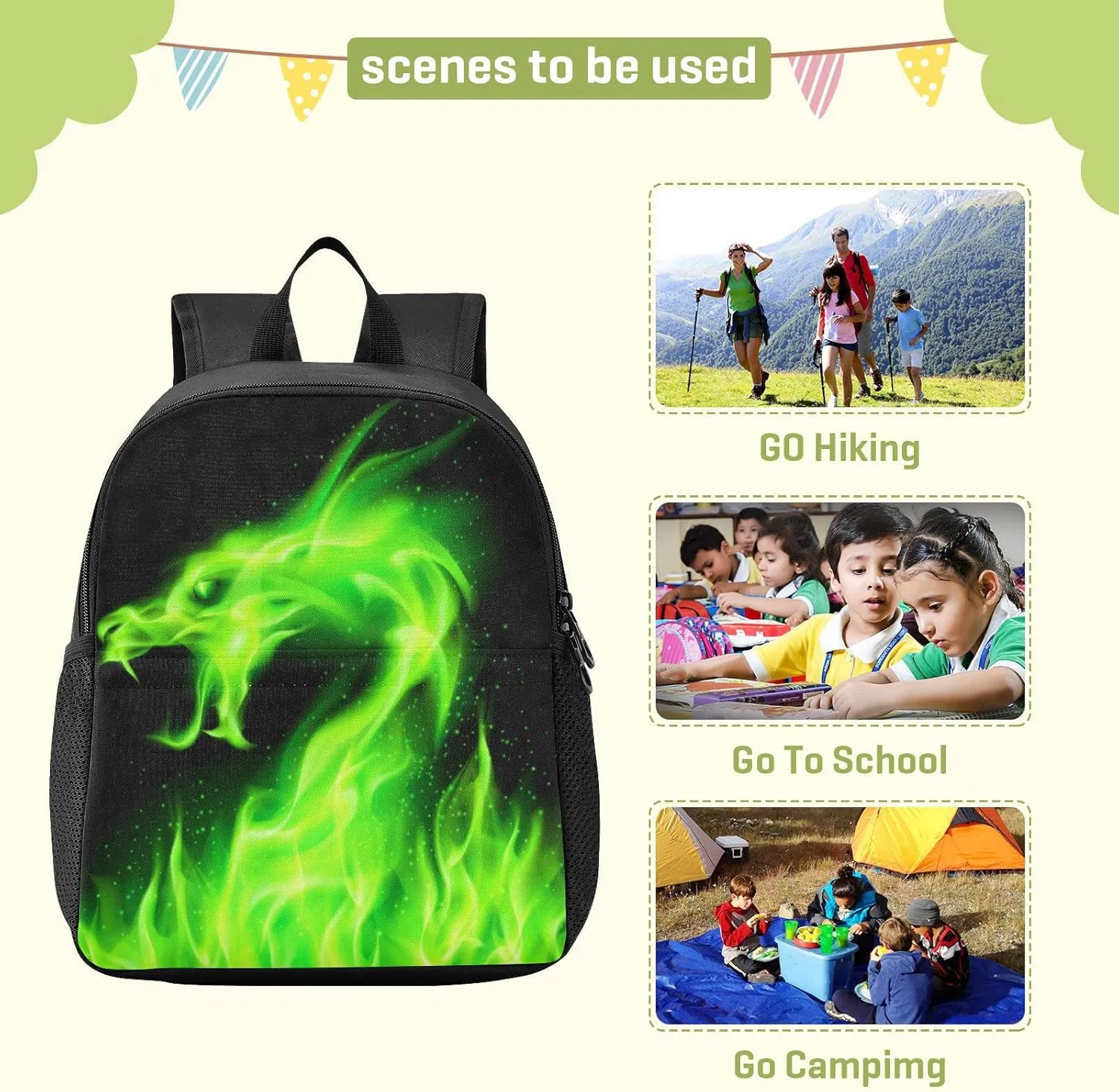 Kcldeci Kids Backpacks Green Fire Head Of Dragon Backpack for Boys Girls Elementary School Bags Bookbags For Teen
