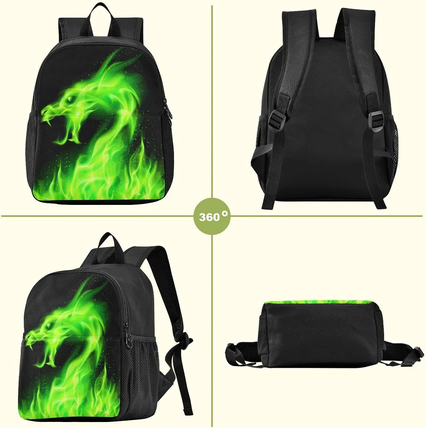 Kcldeci Kids Backpacks Green Fire Head Of Dragon Backpack for Boys Girls Elementary School Bags Bookbags For Teen