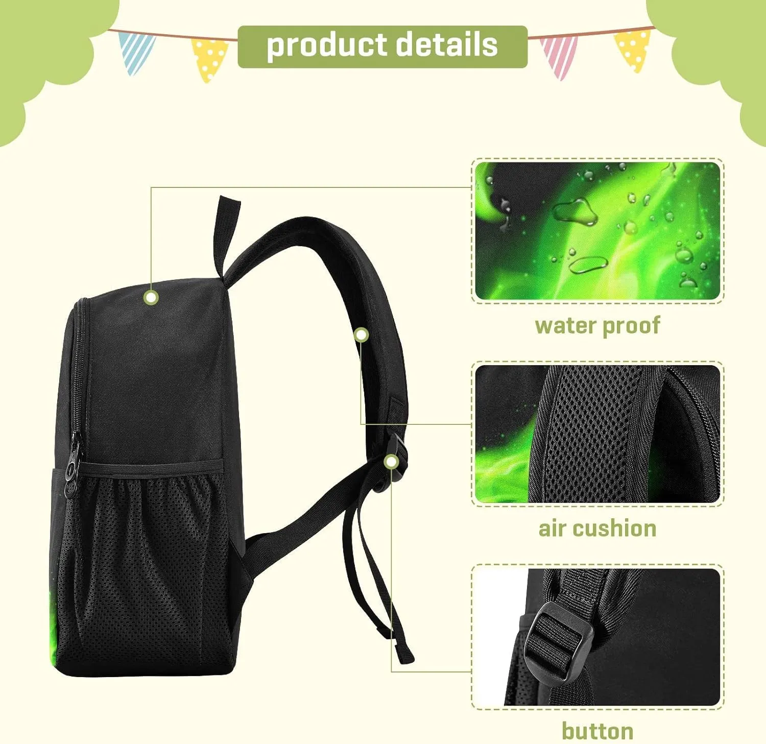 Kcldeci Kids Backpacks Green Fire Head Of Dragon Backpack for Boys Girls Elementary School Bags Bookbags For Teen