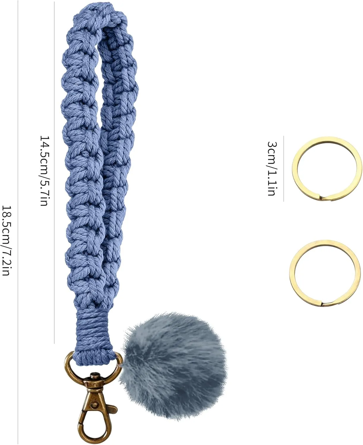 Keychain Wristlet, Woven Handmade Wrist Lanyard for Keys, Wrist Key Chains with 2 Keyrings for Women Car Keys ID Badges Card Wallet Phone, Blue