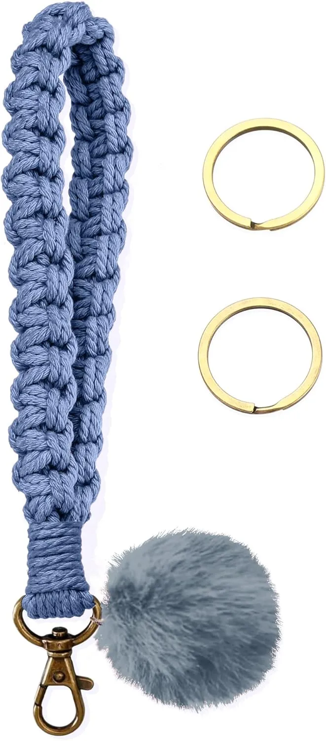 Keychain Wristlet, Woven Handmade Wrist Lanyard for Keys, Wrist Key Chains with 2 Keyrings for Women Car Keys ID Badges Card Wallet Phone, Blue