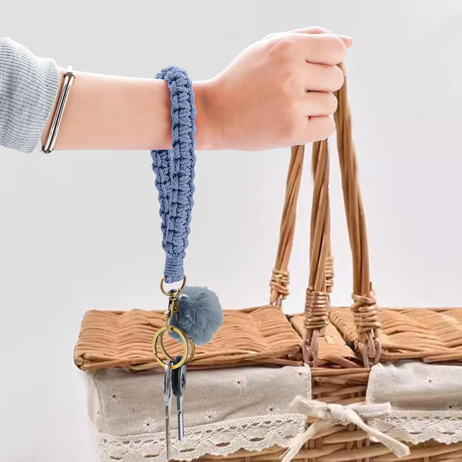 Keychain Wristlet, Woven Handmade Wrist Lanyard for Keys, Wrist Key Chains with 2 Keyrings for Women Car Keys ID Badges Card Wallet Phone, Blue