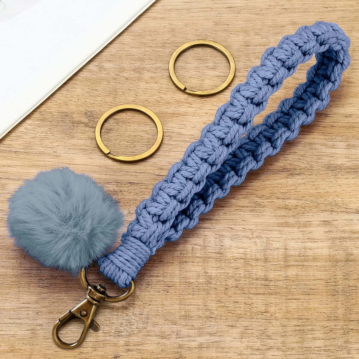 Keychain Wristlet, Woven Handmade Wrist Lanyard for Keys, Wrist Key Chains with 2 Keyrings for Women Car Keys ID Badges Card Wallet Phone, Blue