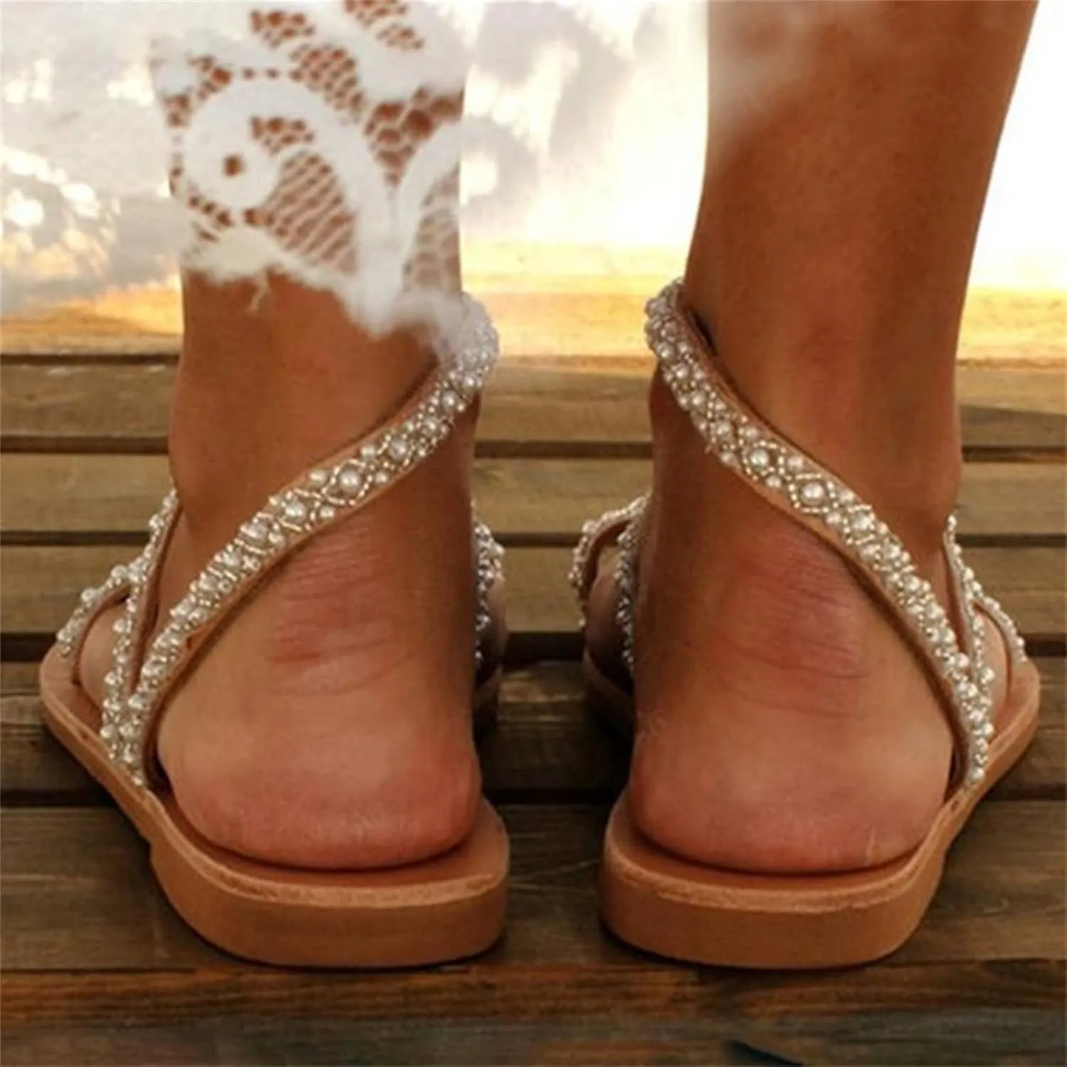Ladmiple Sandals Women Dressy,Womens Fashion Flats Sandals Open Toe Slippers Beaded Flip Flops Summer Casual Roman Shoes