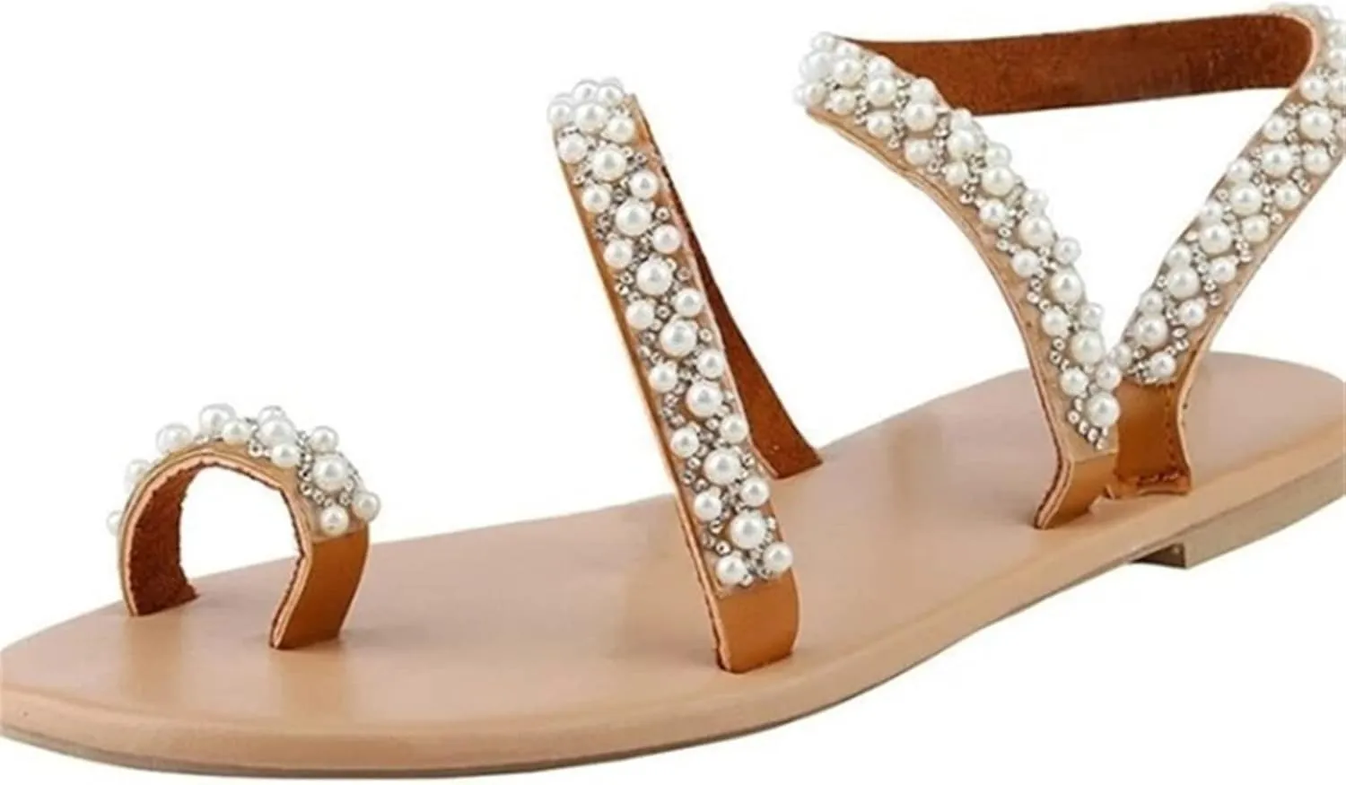Ladmiple Sandals Women Dressy,Womens Fashion Flats Sandals Open Toe Slippers Beaded Flip Flops Summer Casual Roman Shoes