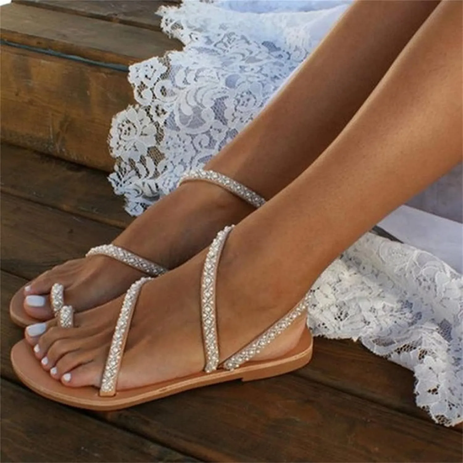 Ladmiple Sandals Women Dressy,Womens Fashion Flats Sandals Open Toe Slippers Beaded Flip Flops Summer Casual Roman Shoes