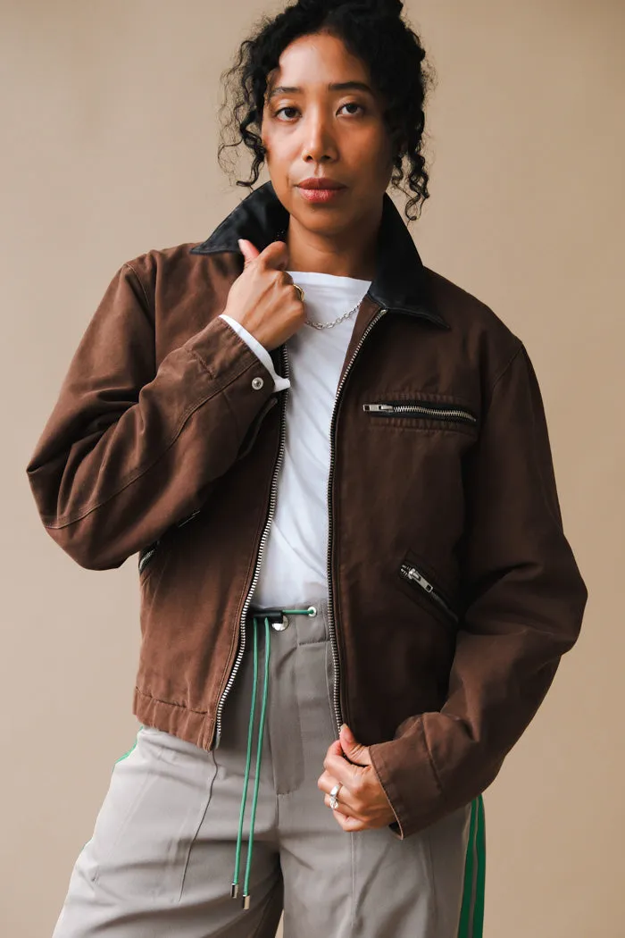 LEATHER COLLAR GARMENT-WASHED ZIP WORK JACKET