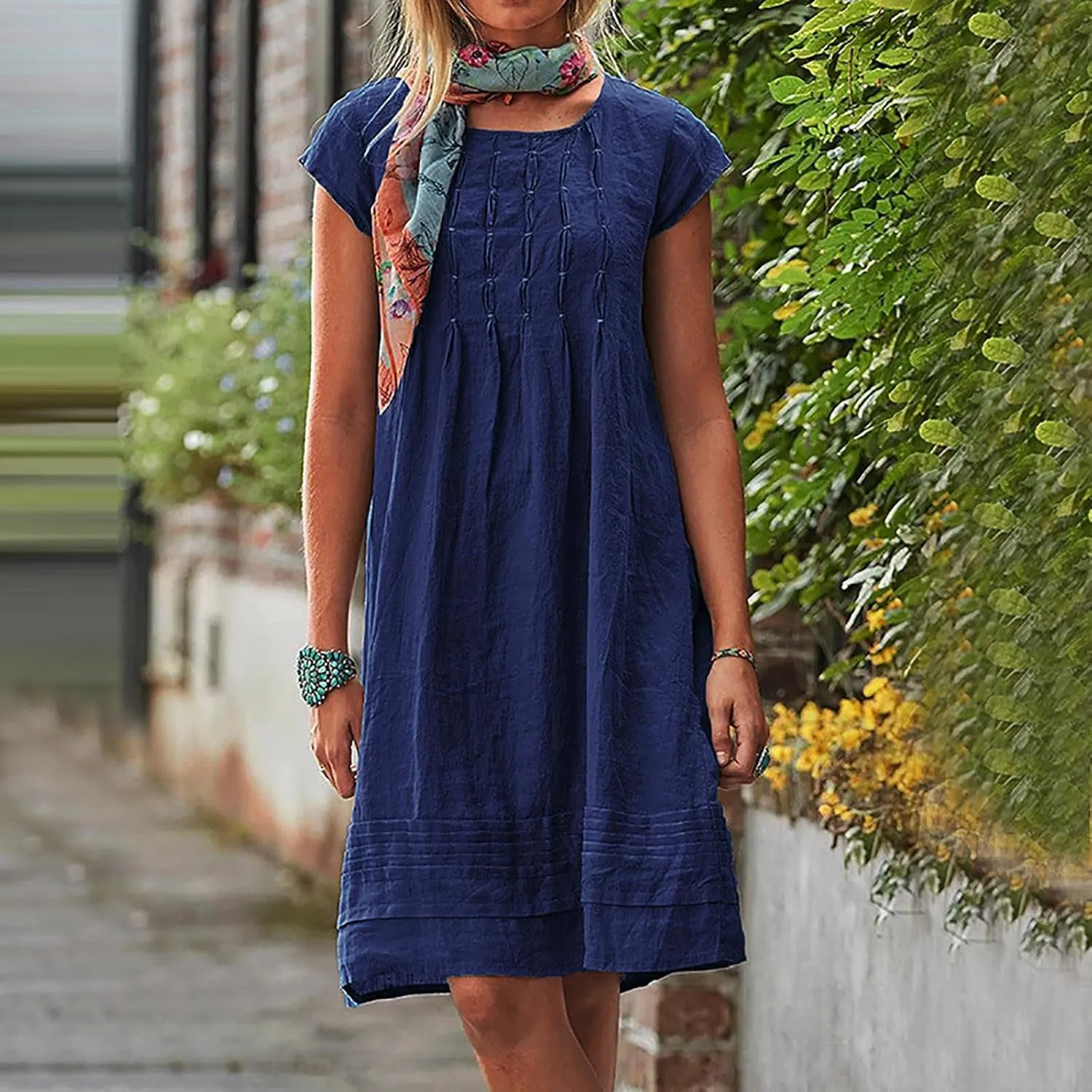 Linen Dresses for Women 2025 Casual Pleated Sundresses Loose Fit Solid Short Sleeve Mini Dress Beach Vacation Dress