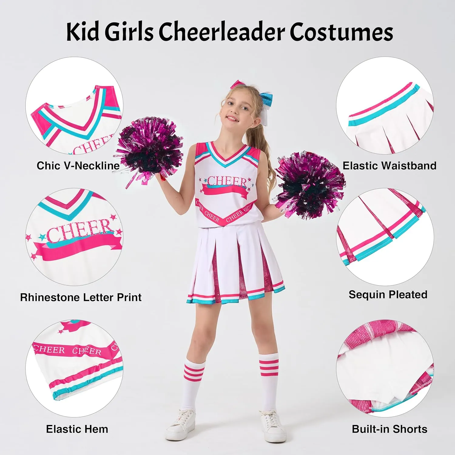 LOLANTA Girls Cheerleader Costumes, Kids Halloween Costume Glitter Cheerleading Uniform Dress Up Outfit Christmas Gifts 5-13Y