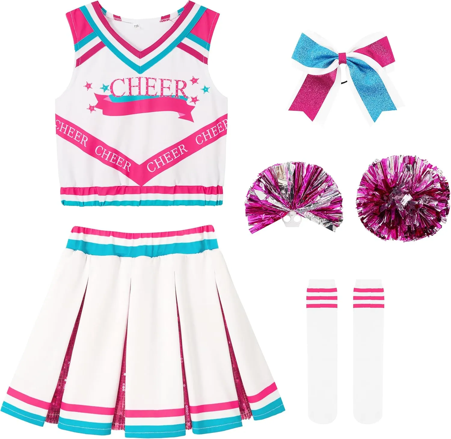 LOLANTA Girls Cheerleader Costumes, Kids Halloween Costume Glitter Cheerleading Uniform Dress Up Outfit Christmas Gifts 5-13Y