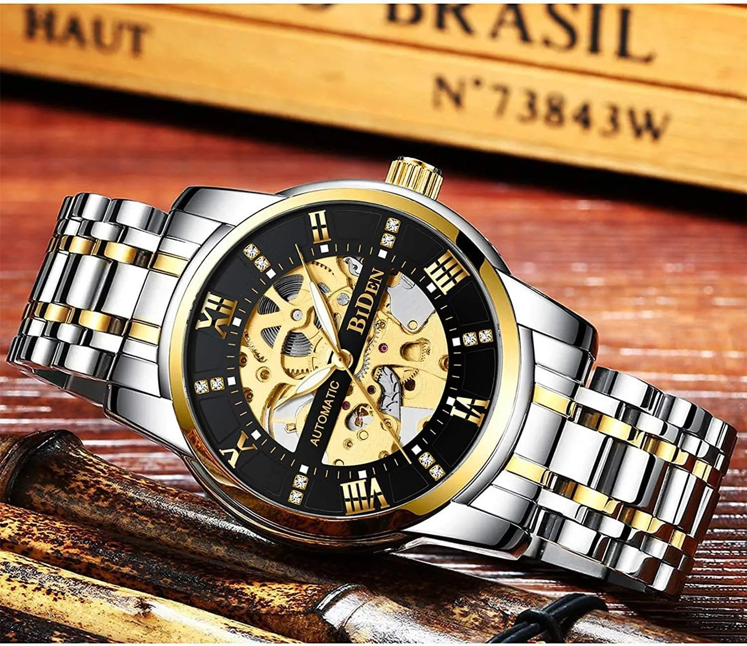 Luxury Automatic Machinery Skeleton Mens Watches Fashion Business Gold Watch Men Sport Waterproof Watch