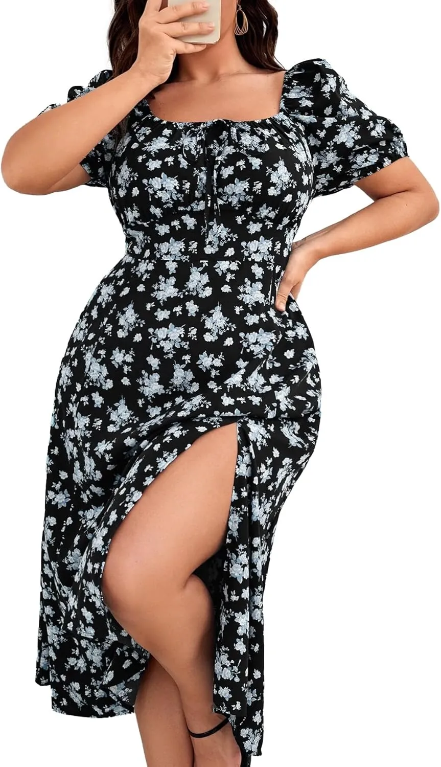 Madison Women's Floral Print Slit Midi Dresses with Side Splits