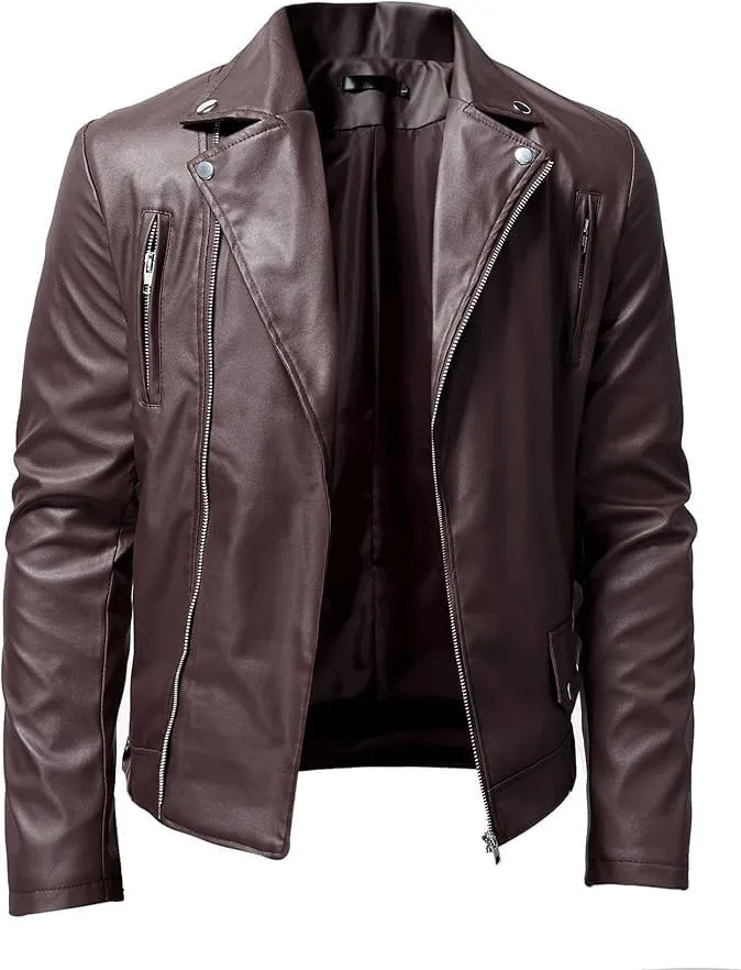 Maiyifu-GJ Mens Vintage Leather Jacket Lapel Asymmetric Zip-Up Slim Fit Biker Coat Motorcycle Faux Leather Jackets