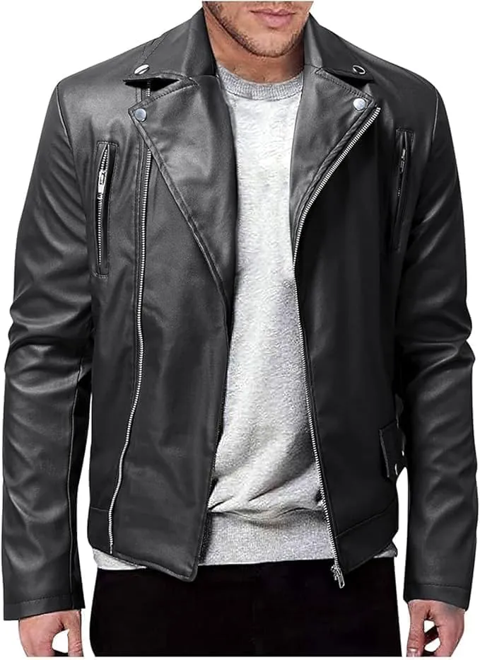 Maiyifu-GJ Mens Vintage Leather Jacket Lapel Asymmetric Zip-Up Slim Fit Biker Coat Motorcycle Faux Leather Jackets