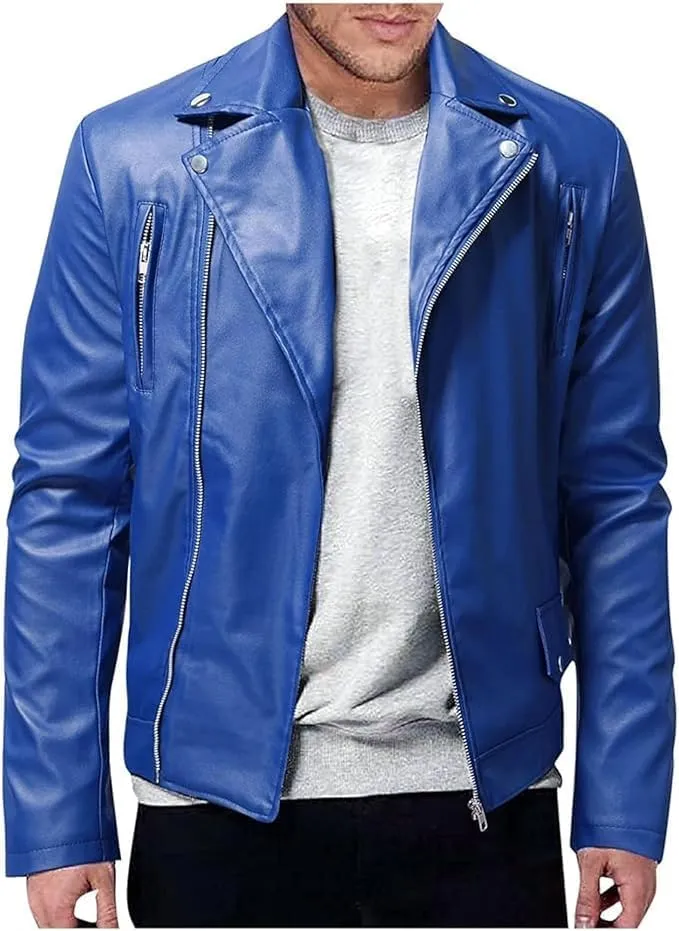 Maiyifu-GJ Mens Vintage Leather Jacket Lapel Asymmetric Zip-Up Slim Fit Biker Coat Motorcycle Faux Leather Jackets