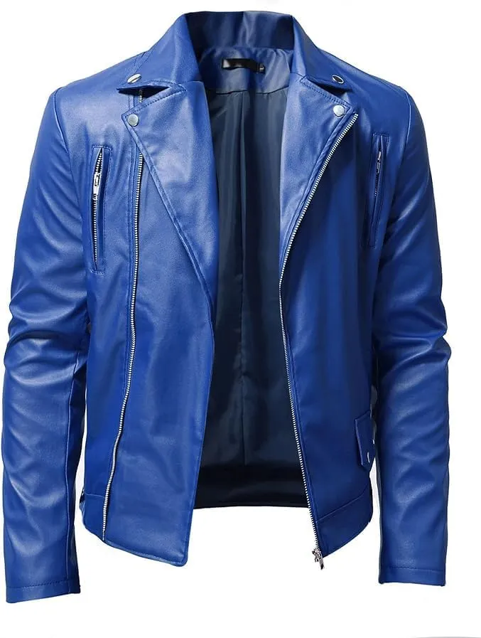 Maiyifu-GJ Mens Vintage Leather Jacket Lapel Asymmetric Zip-Up Slim Fit Biker Coat Motorcycle Faux Leather Jackets