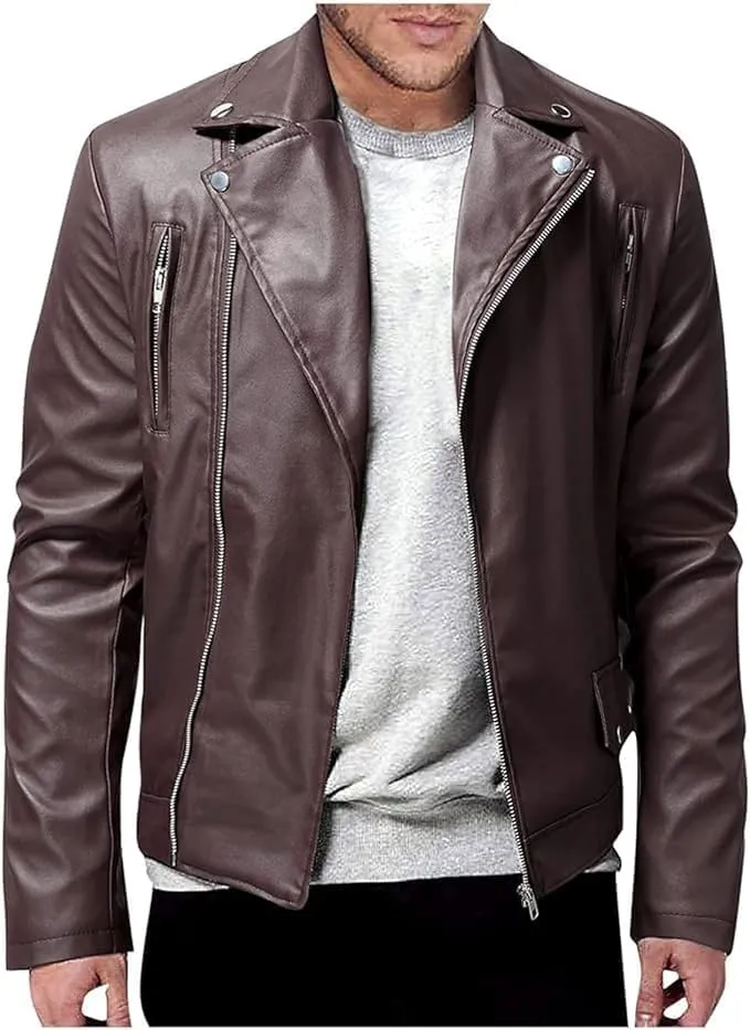 Maiyifu-GJ Mens Vintage Leather Jacket Lapel Asymmetric Zip-Up Slim Fit Biker Coat Motorcycle Faux Leather Jackets