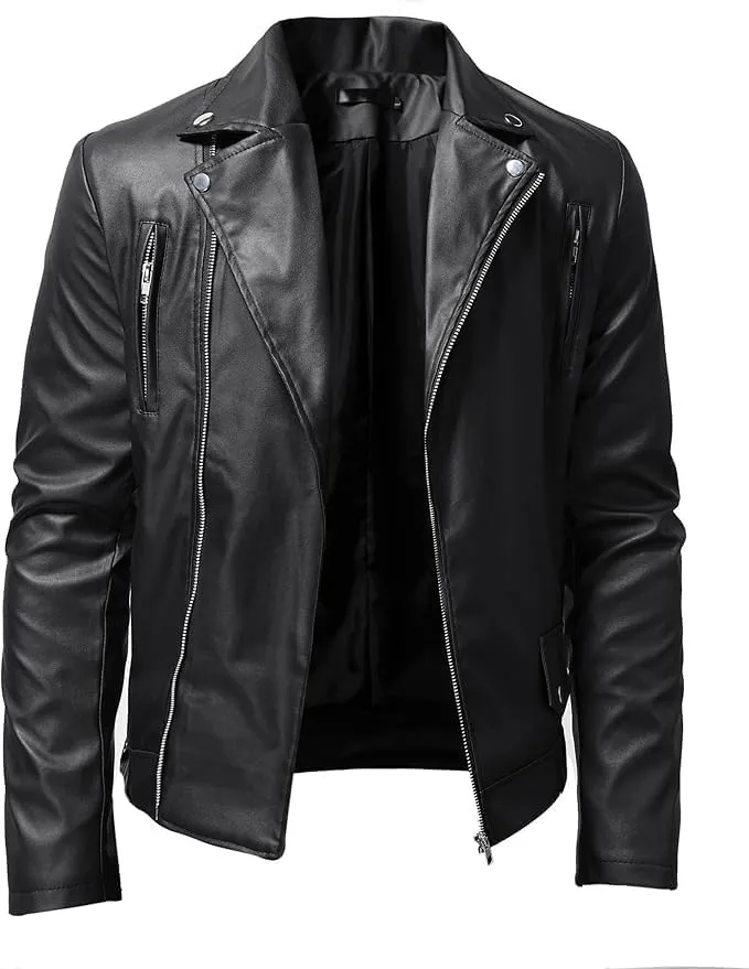Maiyifu-GJ Mens Vintage Leather Jacket Lapel Asymmetric Zip-Up Slim Fit Biker Coat Motorcycle Faux Leather Jackets
