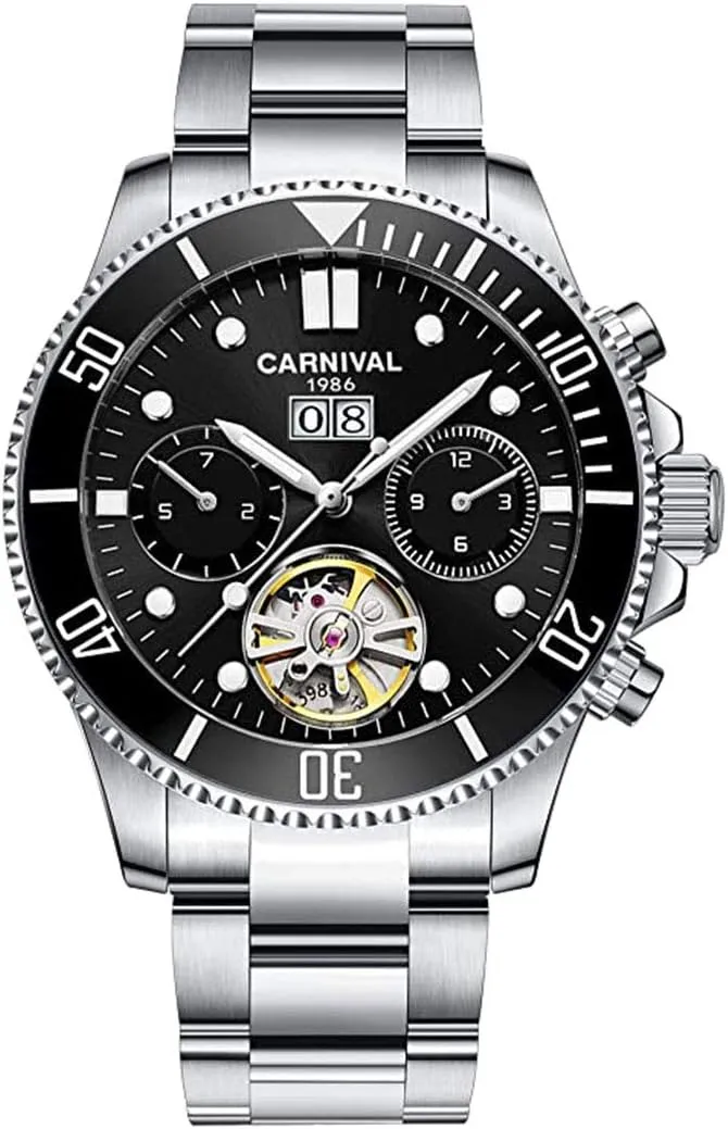 MASTOP Luxury Luminous Waterproof Watch Mens Automatic Mechanical Wrist Watch Silver Stainless Steel (CA8880-silver Black)