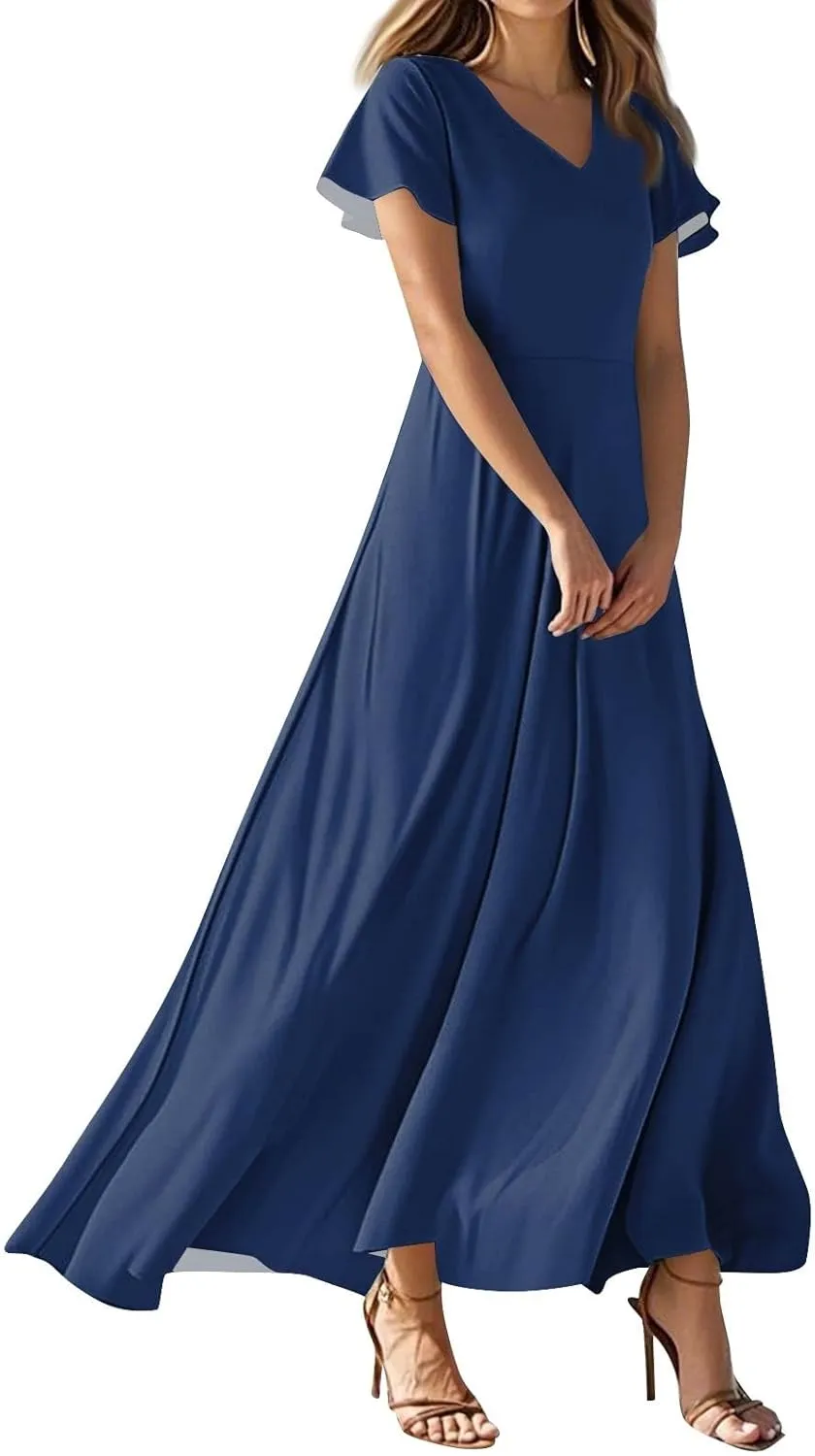 Maxi Dresses for Women 2025 V Neck Short Sleeve Dress Empire Waist Boho Summer Sundress