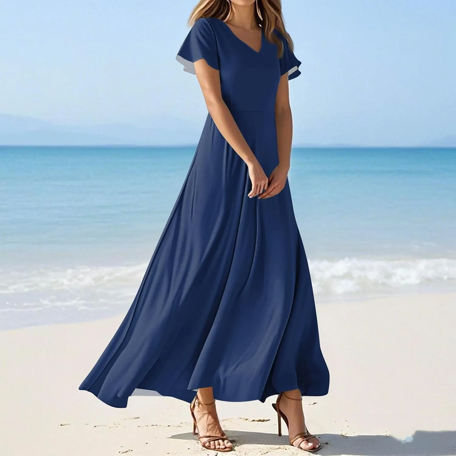 Maxi Dresses for Women 2025 V Neck Short Sleeve Dress Empire Waist Boho Summer Sundress