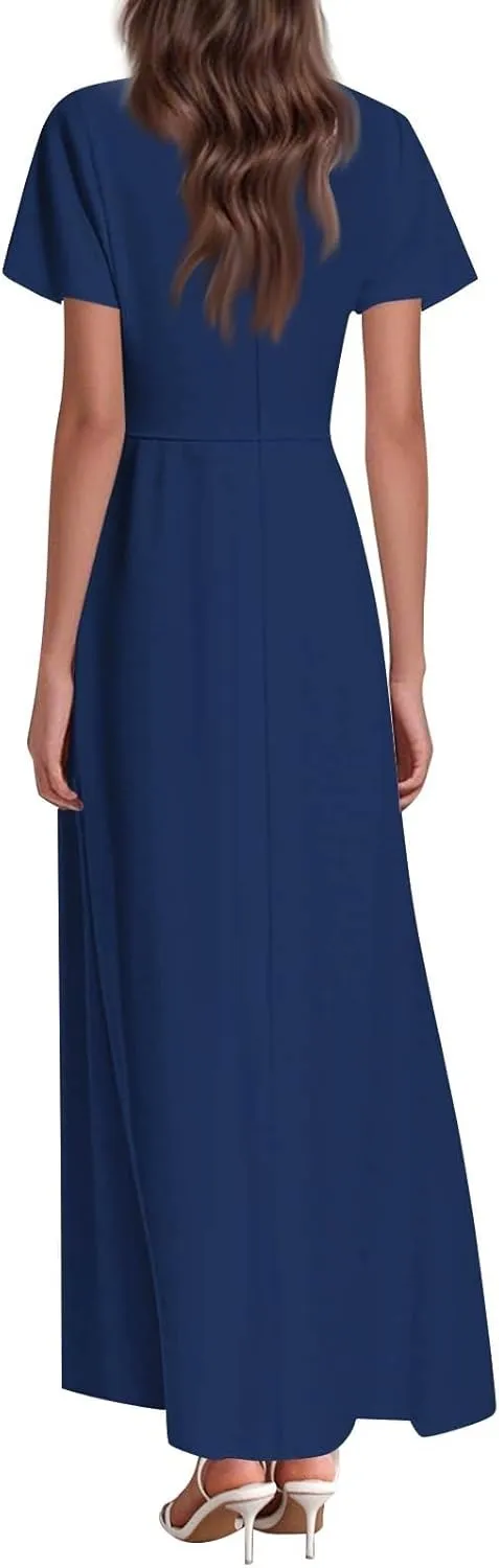 Maxi Dresses for Women 2025 V Neck Short Sleeve Dress Empire Waist Boho Summer Sundress