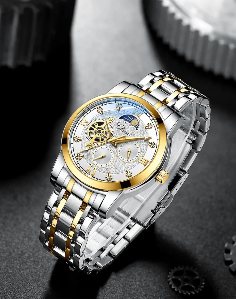 Men Automatic Mechanical Watches Moon Phase Rhinestones Multifunction Luminous Waterproof Wristwatch