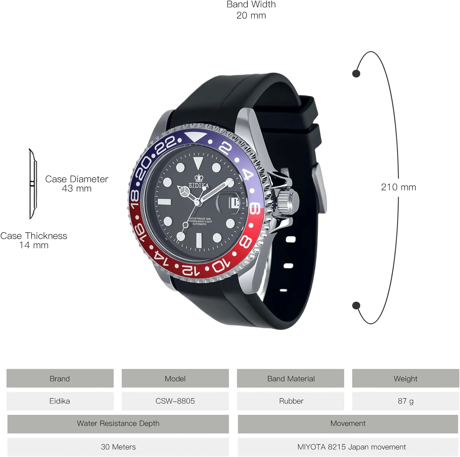 Men's Automatic Mechanical Watch - Submarine series - Date Calendar, Luminous Hands and Markers, Exhibition Caseback, Water-Resistant, Self-Winding, Use Japan-made [MIYOTA] Movement - Reliable, Sport, 43mm