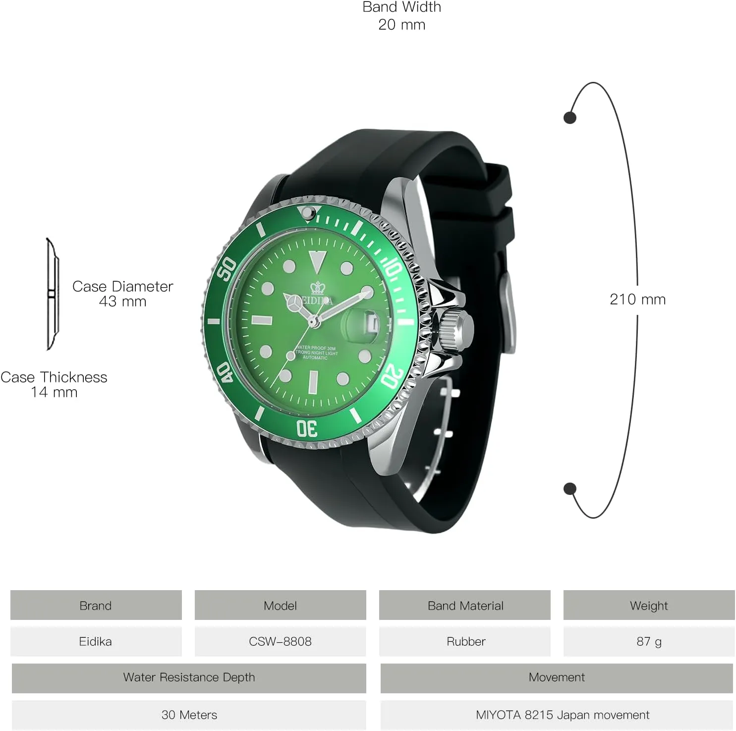 Men's Automatic Mechanical Watch - Submarine series - Date Calendar, Luminous Hands and Markers, Exhibition Caseback, Water-Resistant, Self-Winding, Use Japan-made [MIYOTA] Movement - Reliable, Sport, 43mm
