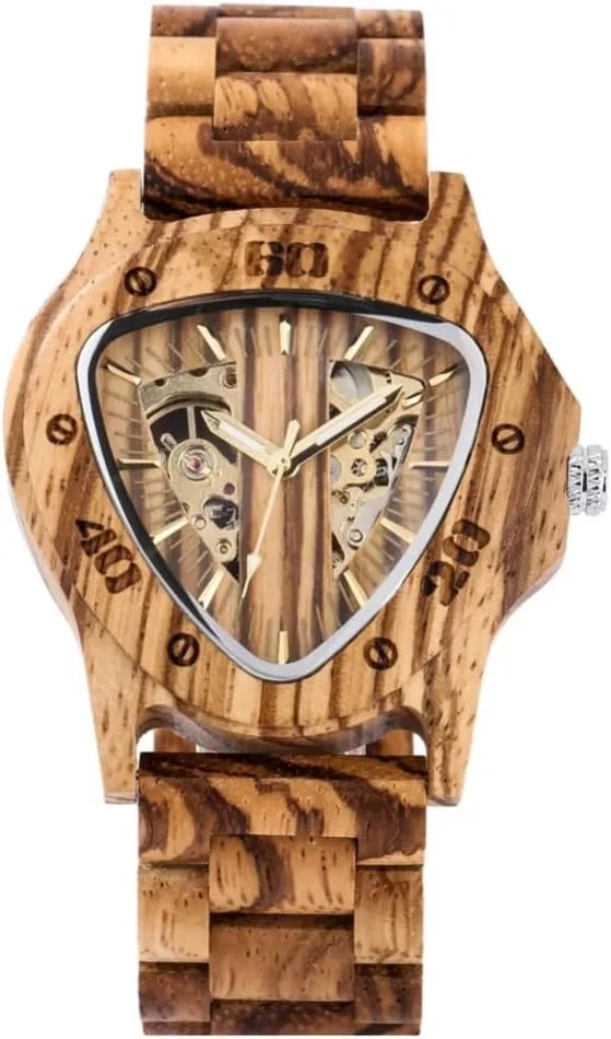 Men's Automatic Mechanical Watches Triangle Dial Natural Stylish Bamboo Wooden Bracelet Watchband Male Wristwatches