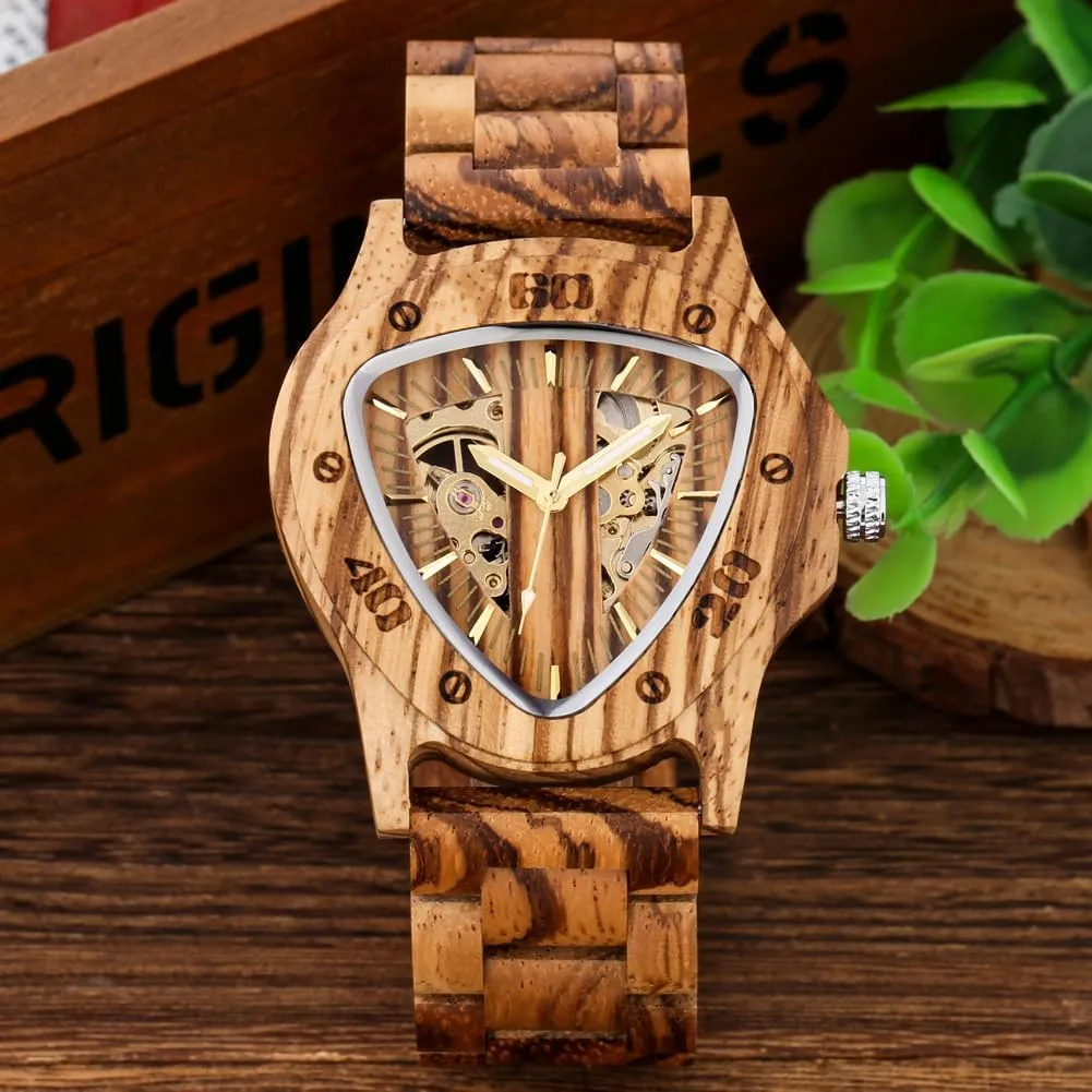 Men's Automatic Mechanical Watches Triangle Dial Natural Stylish Bamboo Wooden Bracelet Watchband Male Wristwatches