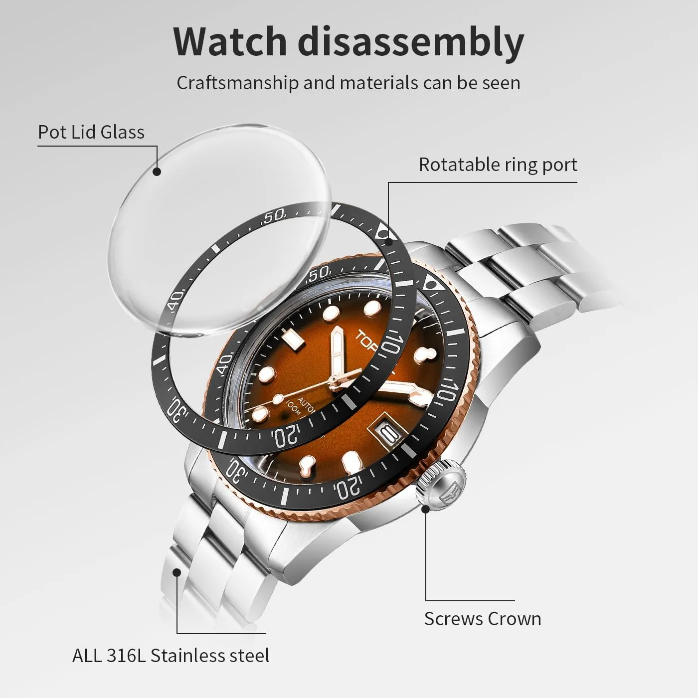 Mens Automatic Watch,316L Stainless Steel,Domed Glass, 10ATM Waterproof Dive Watch, Luminous, Rotating Bezel, Mechanical Watches for Work Casual,40mm
