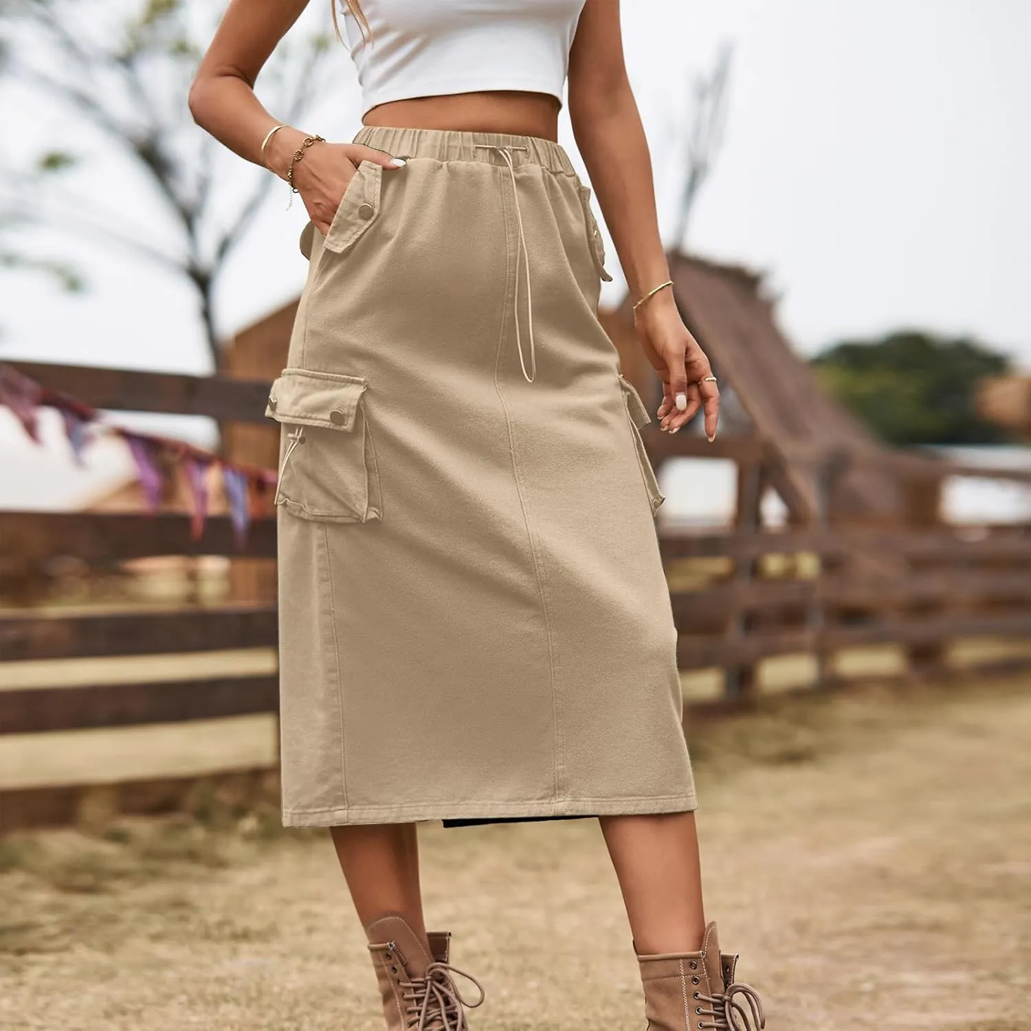 Midi Skirt for Women 2024 Casual Elastic Waist Wrap-Around Skirts Fall Trendy Mid Length Skirts with Pockets Y2k