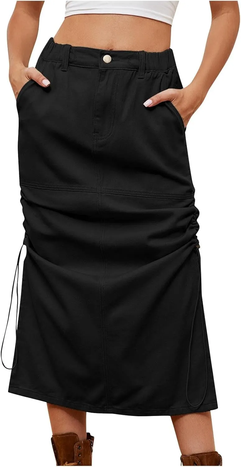 Midi Skirt for Women 2024 Casual Elastic Waist Wrap-Around Skirts Fall Trendy Mid Length Skirts with Pockets Y2k