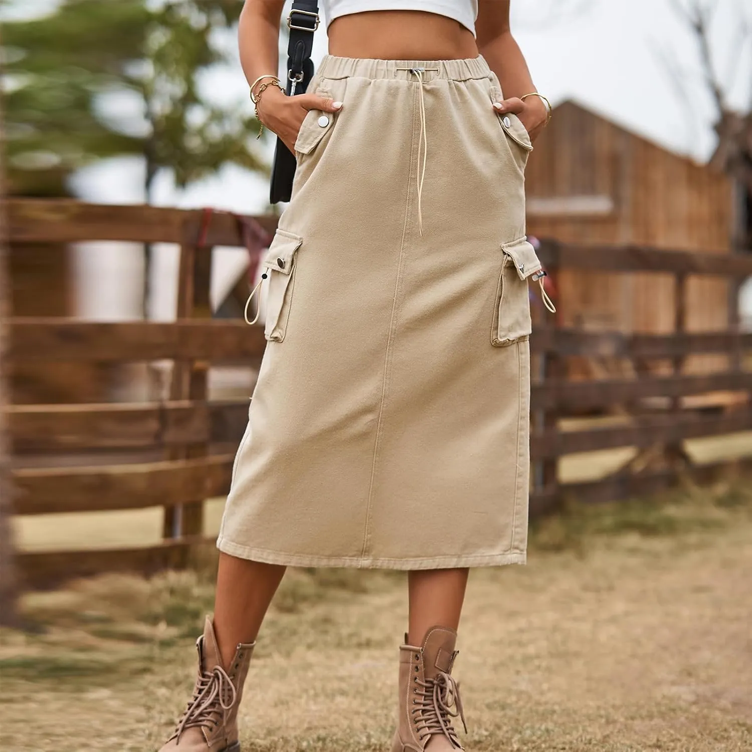 Midi Skirt for Women 2024 Casual Elastic Waist Wrap-Around Skirts Fall Trendy Mid Length Skirts with Pockets Y2k