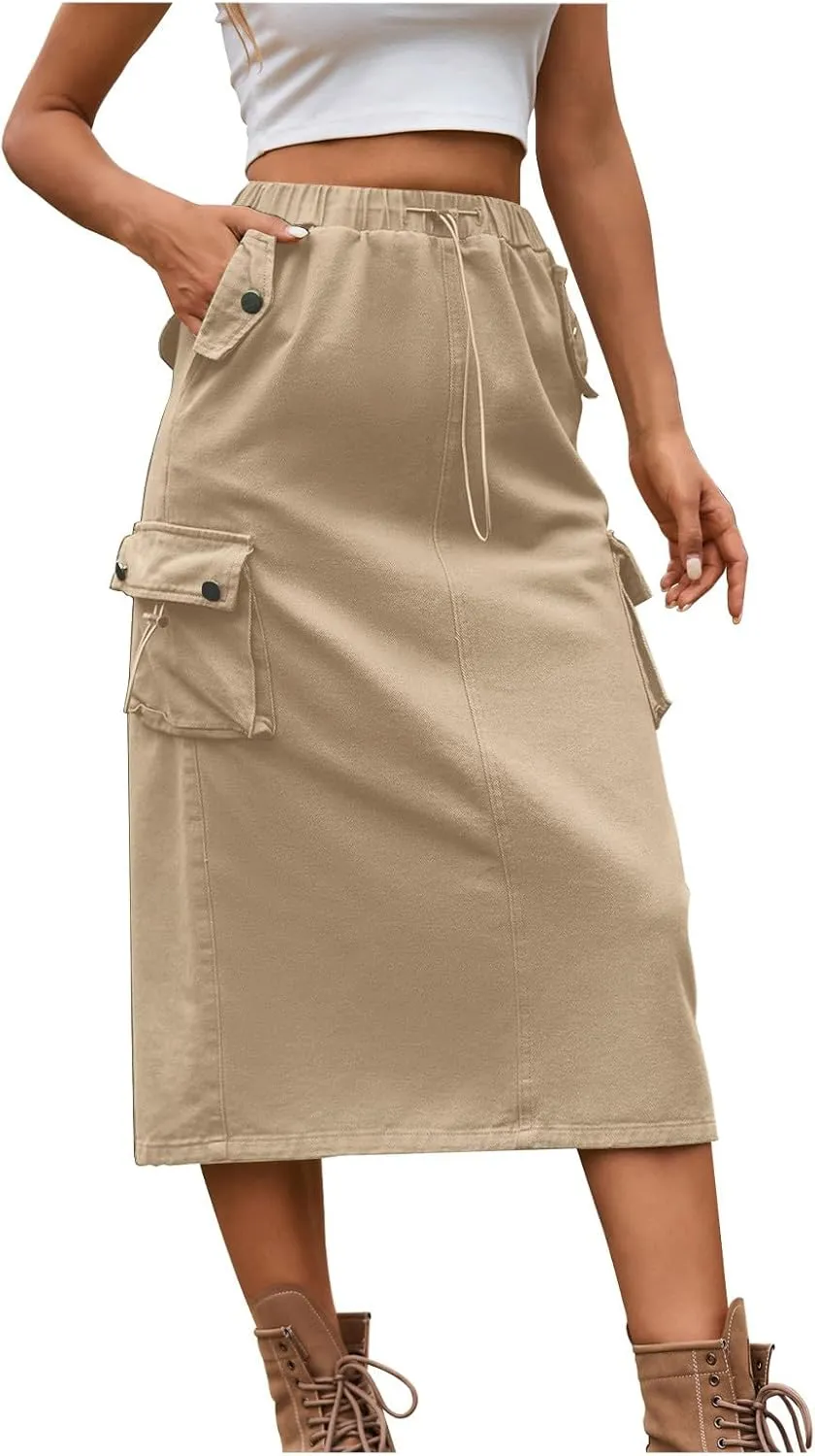 Midi Skirt for Women 2024 Casual Elastic Waist Wrap-Around Skirts Fall Trendy Mid Length Skirts with Pockets Y2k