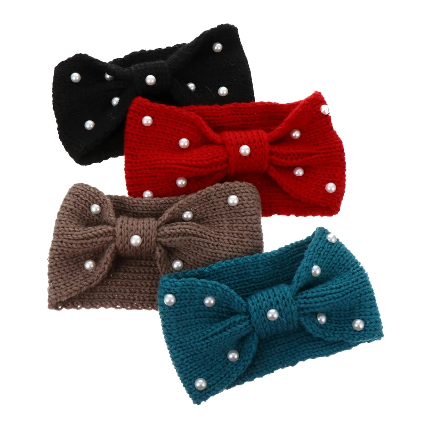Mikinona 4Pcs Knitted Bow Knot Headbands for Women Fashionable Pearl Hairbands and Postal Stylish Warm Accessories for All Seasons