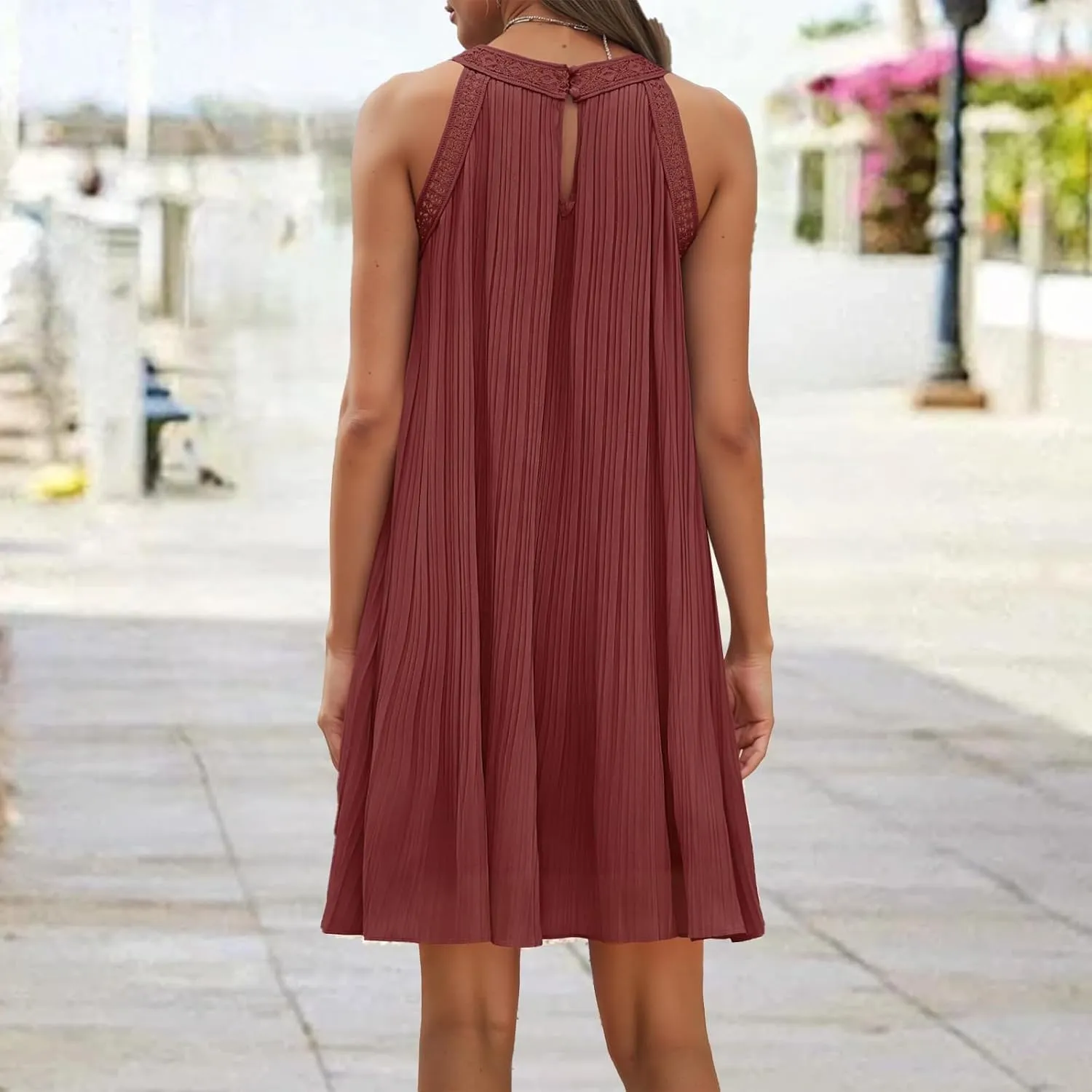 Mini Dresses for Women Summer Round Neck Sleeveless Tank Dress Trendy Loose Hollow Out Pleated Hem Beach Sundress