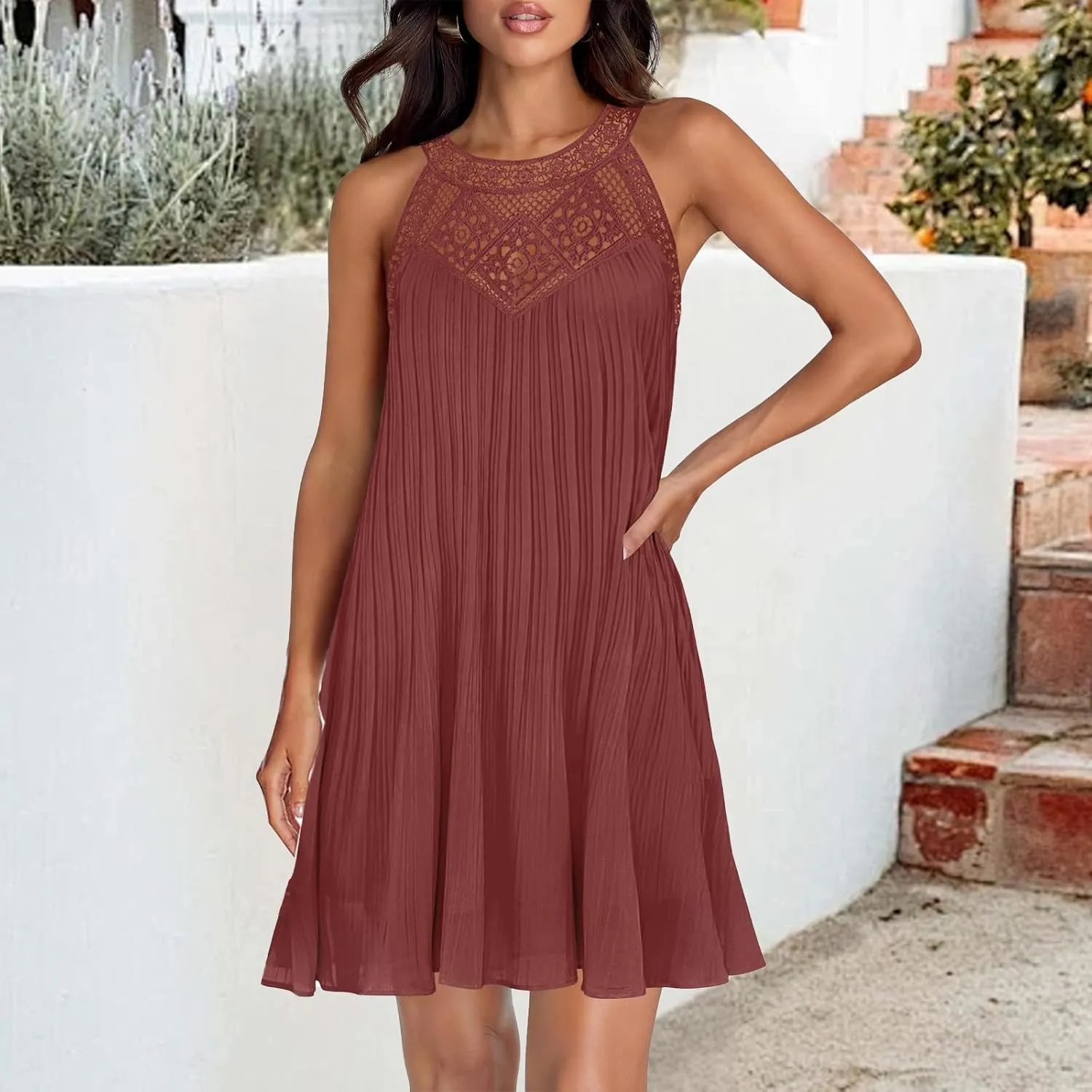 Mini Dresses for Women Summer Round Neck Sleeveless Tank Dress Trendy Loose Hollow Out Pleated Hem Beach Sundress