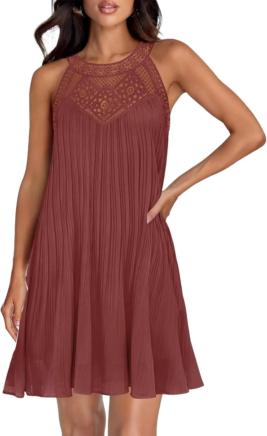 Mini Dresses for Women Summer Round Neck Sleeveless Tank Dress Trendy Loose Hollow Out Pleated Hem Beach Sundress
