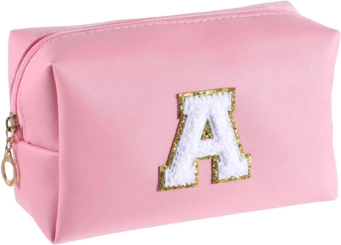 Mini Makeup Bag, Initial Letter Makeup Bag Girls Mini Toiletry Bag Preppy Makeup Bags Travel Small Teen Makeup Bags for Daughter Friends Sister, Preppy Things for Girls (Pink A)