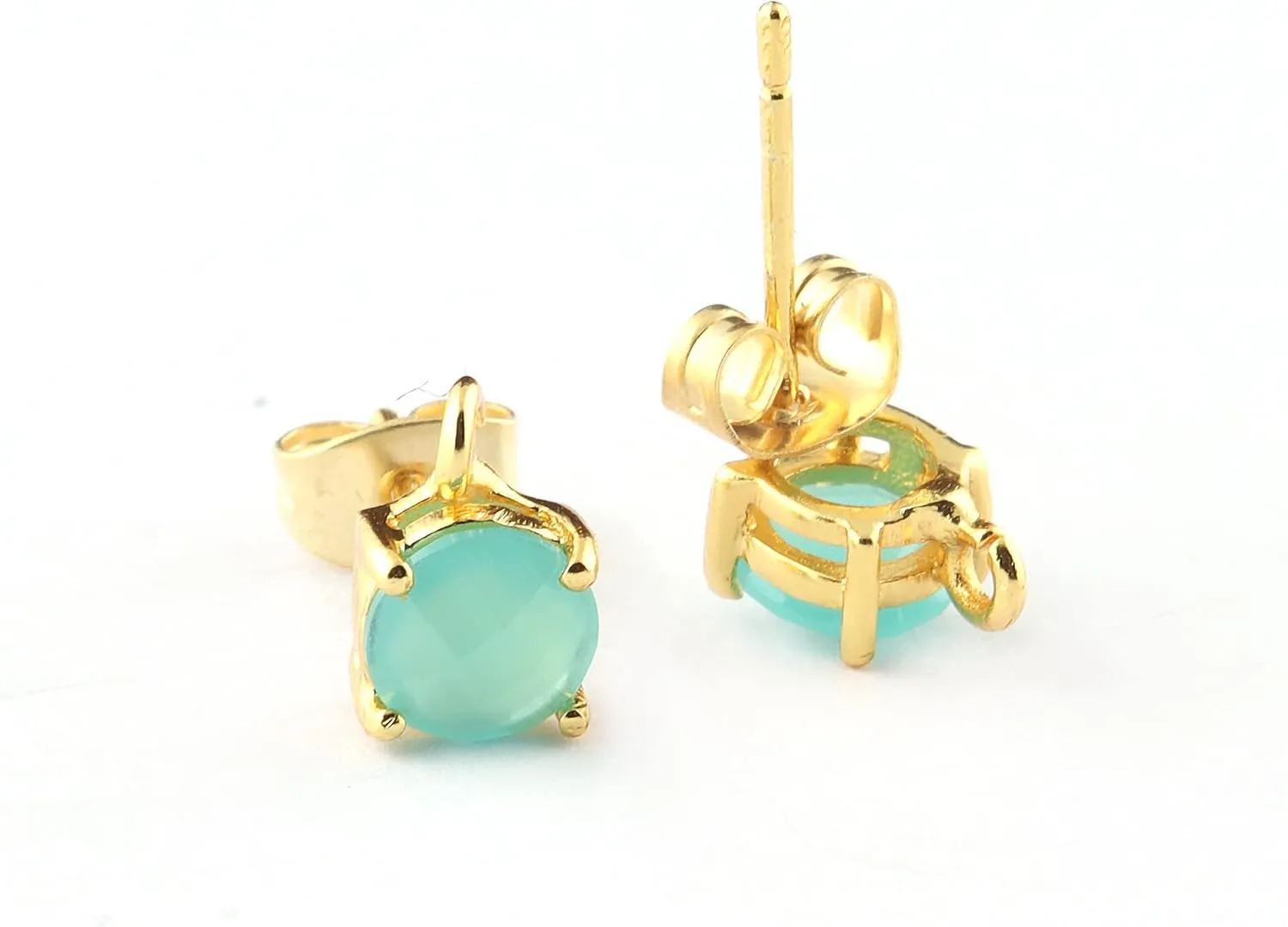 Mode joyas Fancy Studs Drop Earrings, 5mm Round shape Gemstone Earrings, Checker Cut aqua chalcedony Studs, Gold Plated Stud Earring Pair With Connectors.