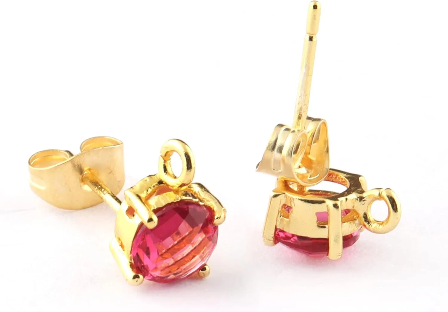 Mode joyas Fancy Studs Drop Earrings, 5mm Round shape Gemstone Earrings, Checker Cut pink fuchsia Studs, Gold Plated Stud Earring Pair With Connectors.