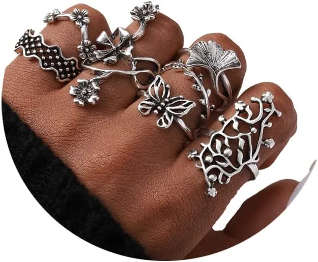 Mosako Boho Opal Carved Finger Ring Set Silver Rhinestone Crystal Knuckle Joint Rings Hollow Stackable Rings Flower Crown Vintage Midi Rings Jewelry for Women 11pcs